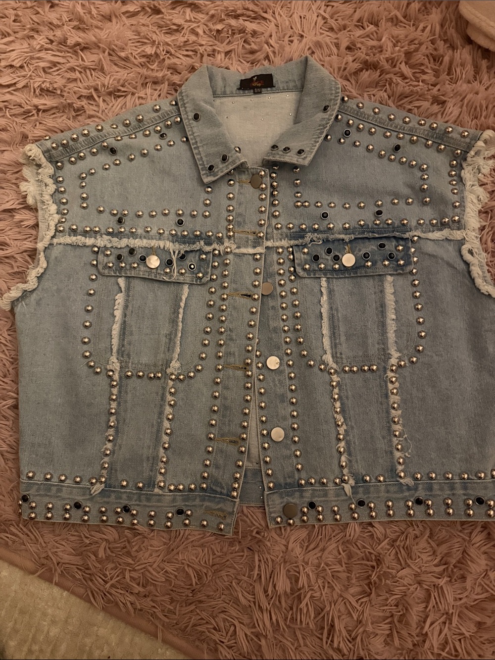 Studded Light Wash Denim Vest - Silver Stud Detail